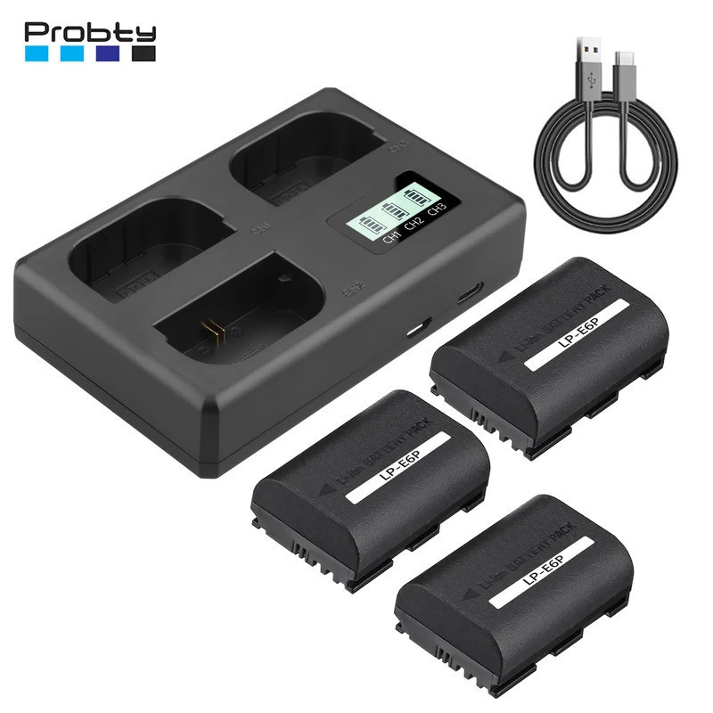 Probty LP-E6P แบตเตอรี่ 2400mAh + เครื่องชาร์จสามช่องสําหรับ Canon EOS R R5 R5 II R6 R6 II R7 5D II 