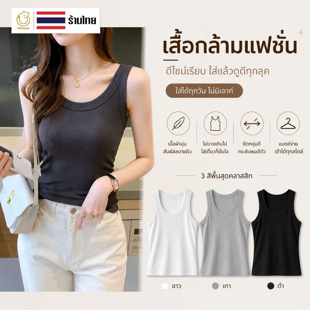 (D-025) เสื้อกล้ามสีพื้น เสื้อแขนกุดผู้หญิง มินิมอล คอกลม สวมใส่ง่าย เข้ารูปสวย Casual Tank Top ใส่เที่ยว ใส่ทำงาน