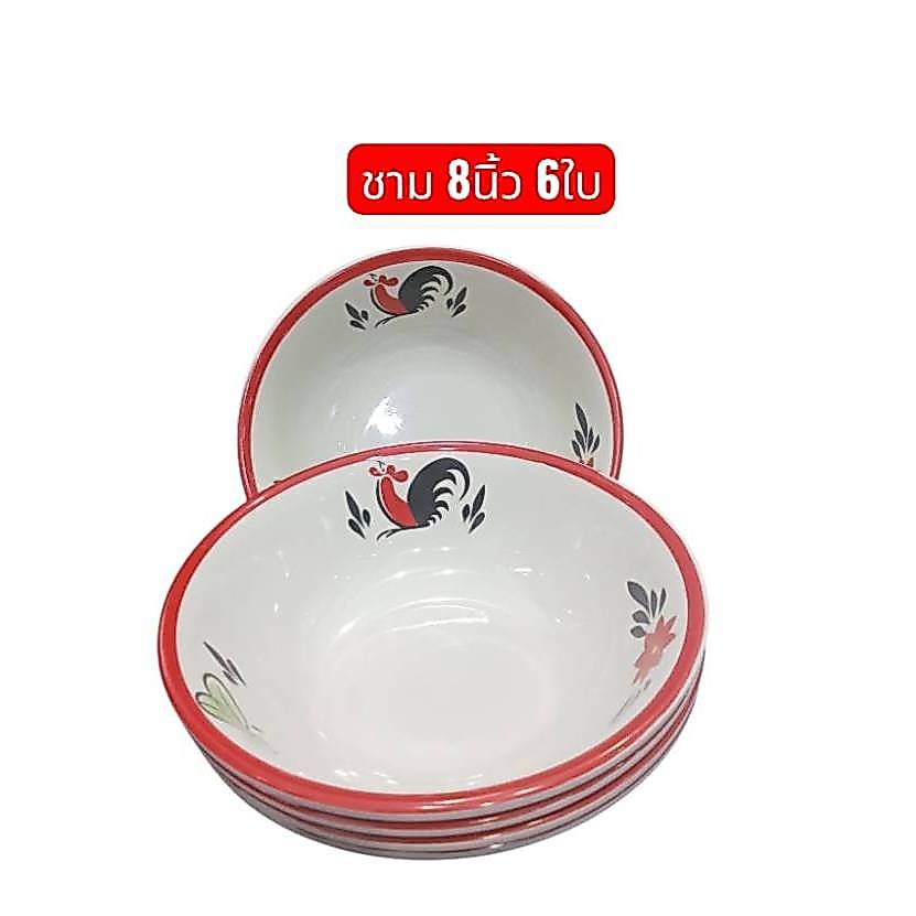 ชามเมลามีนปากบาน 8 นิ้วชามเมลามีนแบบหนา 6ใบ ลายไก่-แดง