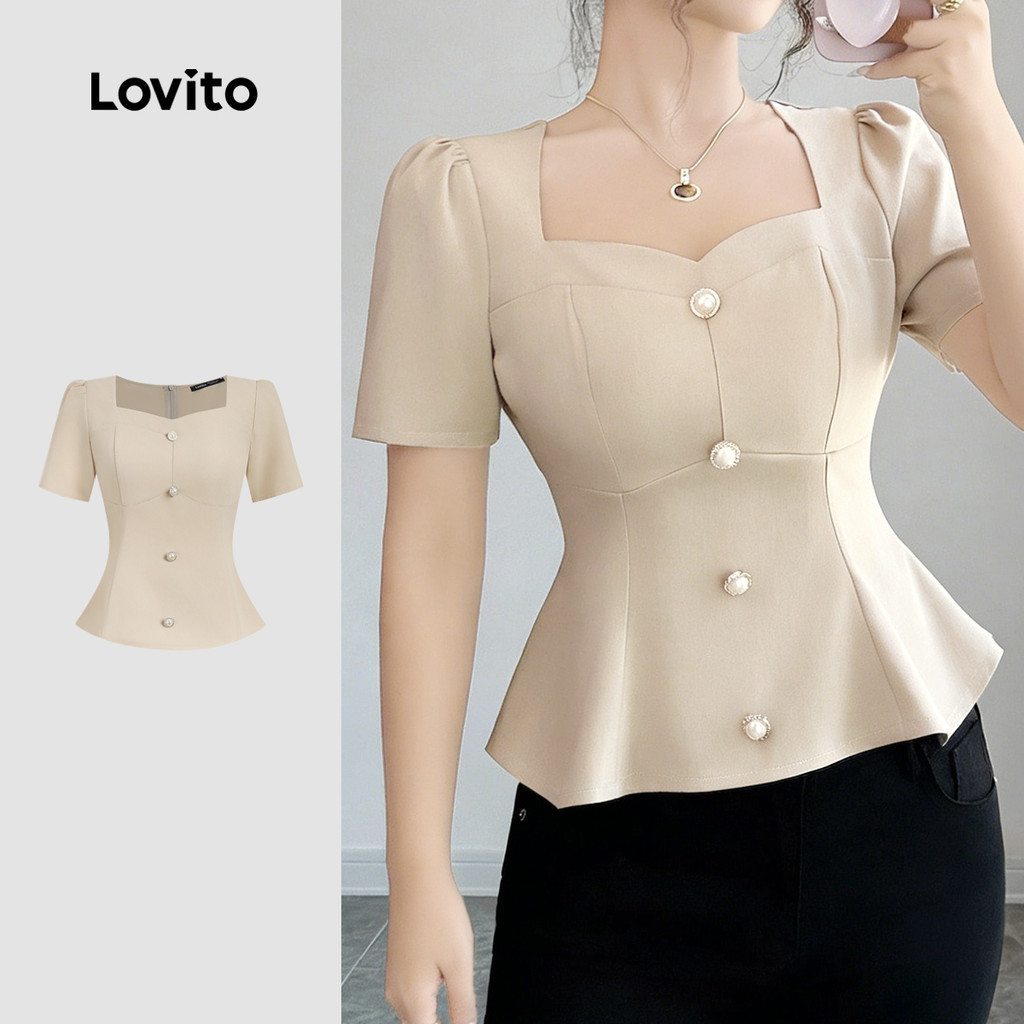 Lovito สง่างาม เสื้อเบลาส์สวยหรู ชายระบาย ขอบโลหะ สายคาดฤดูใบไม้ผลิ/ฤดูร้อน เสื้อเบลาส์สีคากิ สําหรับผู้หญิง L177ED113