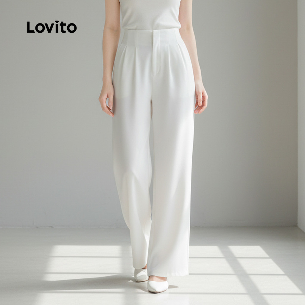Lovito สง่างาม กางเกงผู้หญิง ทรงพลีท สีพื้น สําหรับใส่ลําลอง LNE59439