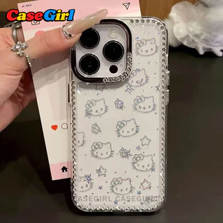 รองรับ IPhone 17 13 15 16 14 11 12 Pro Max 15 16 14 Plus ปกขอบประดับเพชร Hello Kitty กระจกแต่งหน้าลายดาววิบวับ
