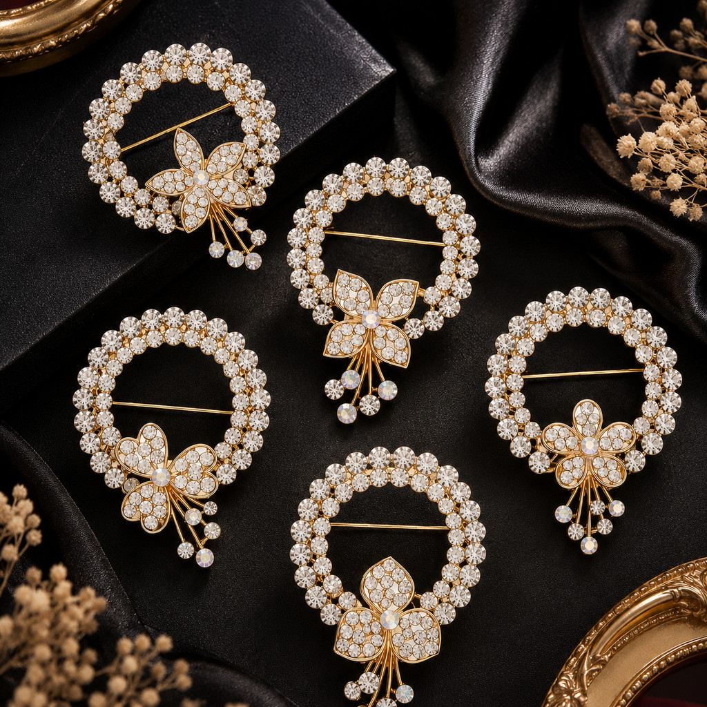 Elegant คริสตัลพวงหรีดเข็มกลัด Pin Rhinestone เข็มกลัดดอกไม้สําหรับผู้หญิงผ้าพันคอ Coat ชุดอุปกรณ์เสริม