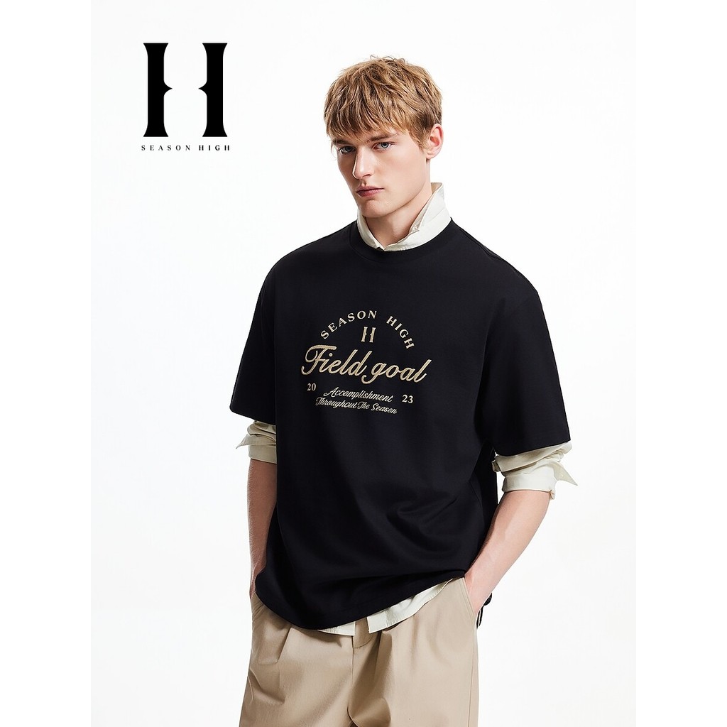 SEASON HIGH เสื้อยืดผู้ชายแฟชั่นอเนกประสงค์ตัวอักษร Offset รอบคอแขนสั้นหลวม