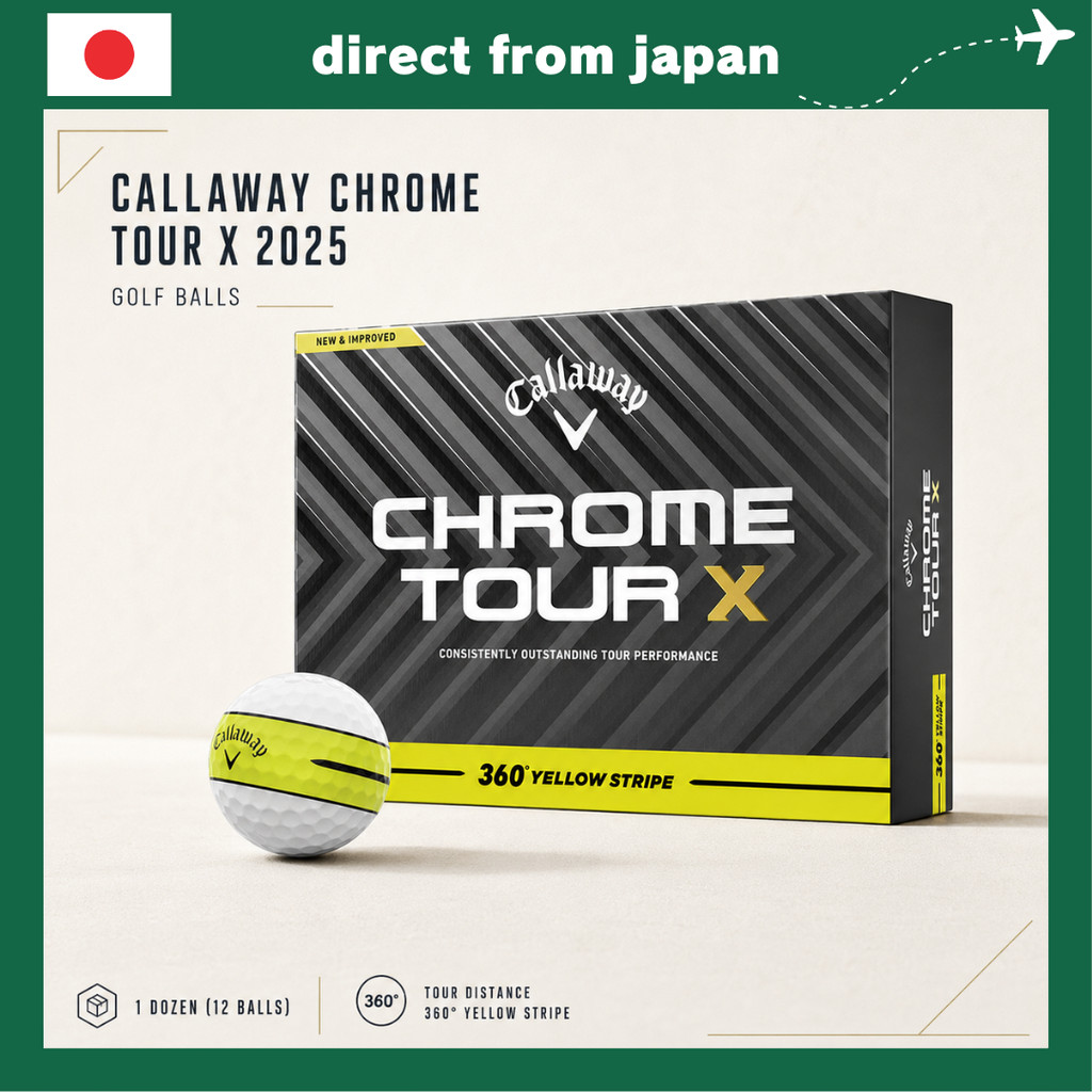 Callaway Chrome Tour X 2025 Golf Balls – 1 Dozen (12 Balls), Tour Distance 360° Yellow Stripe