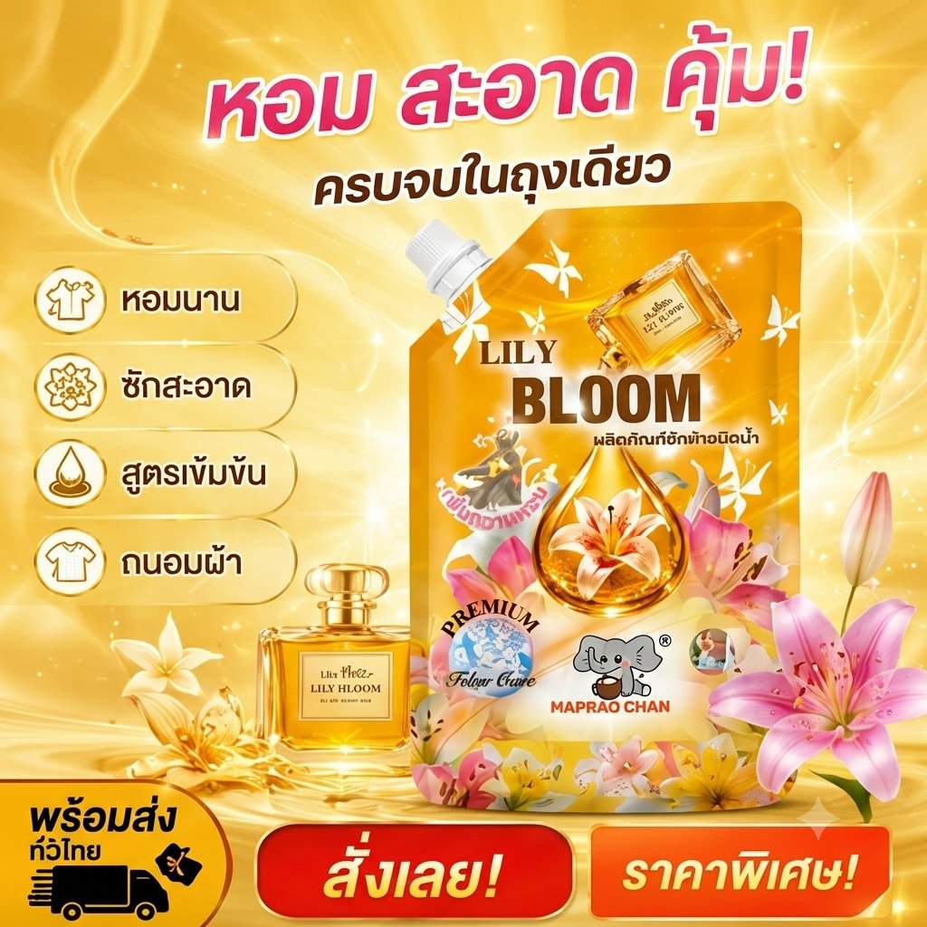 MAPRAO CHANG น้ำยาซักผ้า 500ml สูตรเข้มข้น กลิ่นลิลลี่ หอมติดผ้านาน 24 ชม. ขจัดคราบลึก ถนอมใยผ้า ซักมือและซักเครื่อง