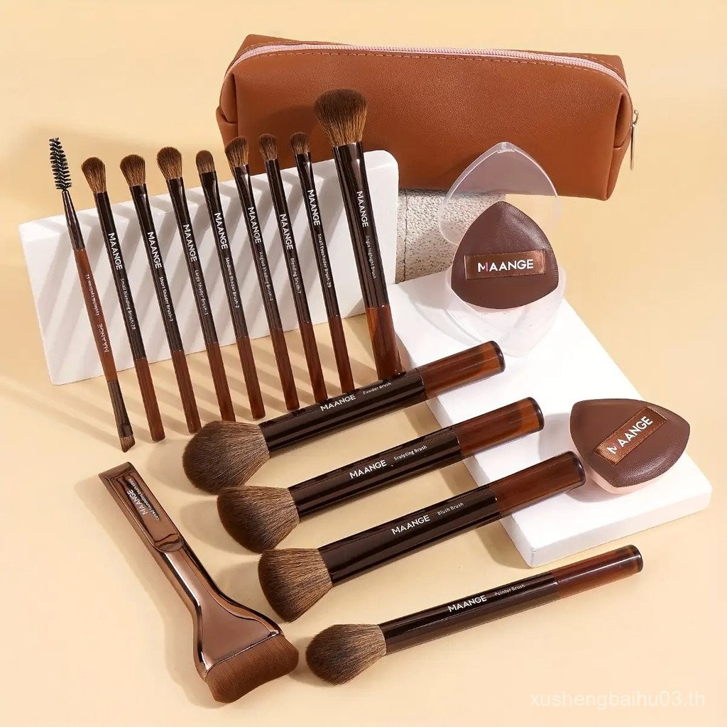 MAANGE 17 ชิ้นชุดแต่งหน้ามืออาชีพรวม 14 ชิ้นแปรงแต่งหน้าอลูมิเนียมและกระเป๋าแต่งหน้า&พัฟแป้ง PU 2 ชิ