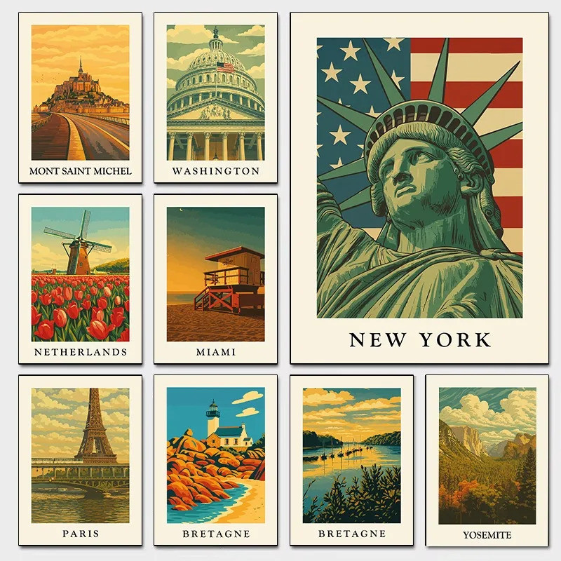Vintage Travel โปสเตอร์ Wall Art เนเธอร์แลนด์ Windmill Paris Eiffel Tower New York รูปปั้น Liberty J