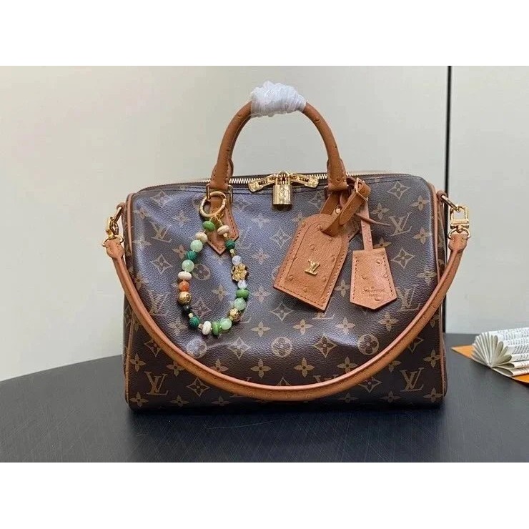 LV M87212 Old Flower Brown (Ostrich) Pillow Bag speedy Series SPEEDY SOFT 30 BOHO Handbag (Ostrich)