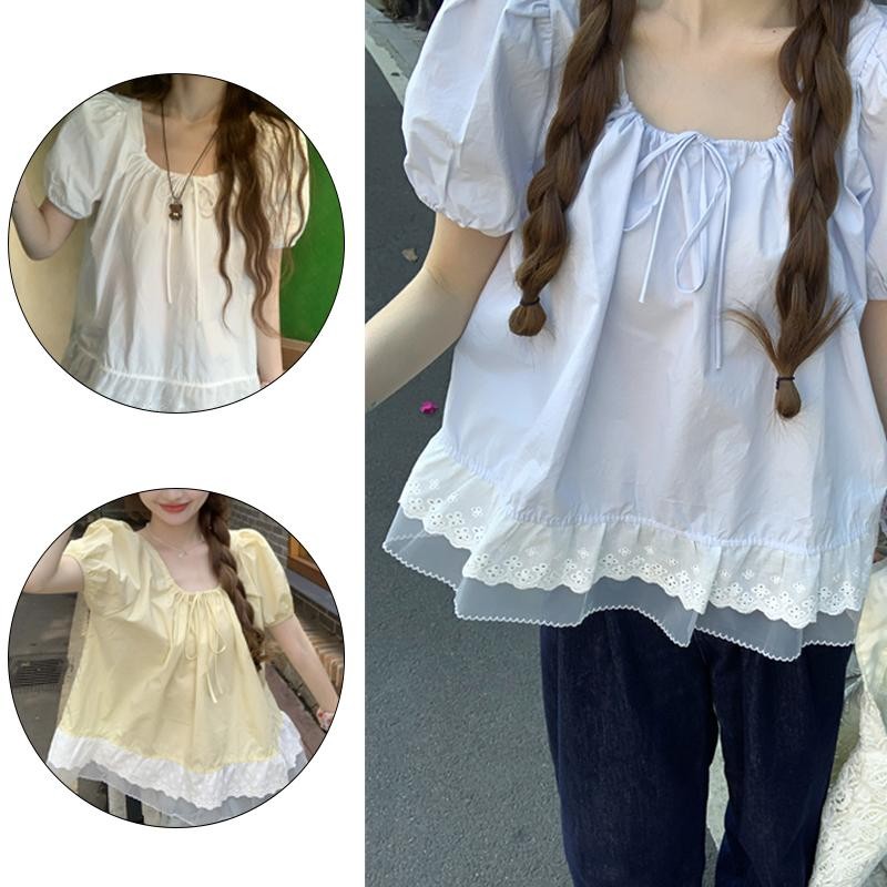 เสื้อลูกไม้ระบายแขนสั้นสไตล์ฝรั่งเศสหวานสำหรับผู้หญิงฤดูใบไม้ร่วงปี 2025W638