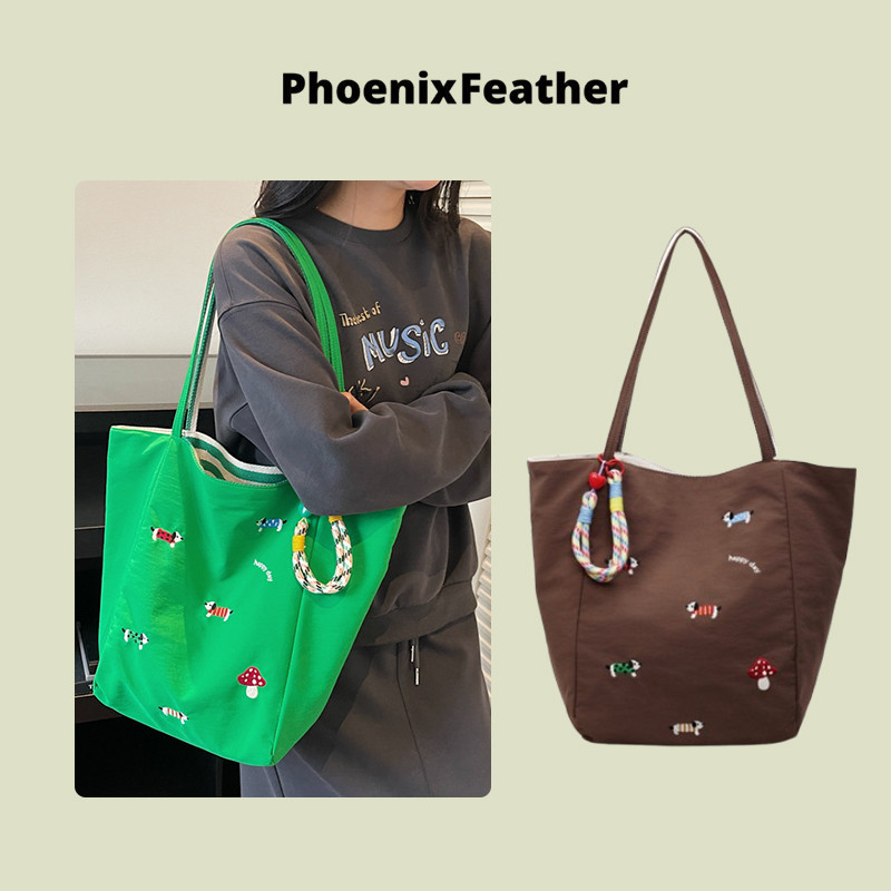 Phoenix Feather กระเป๋านำ้หนักเบาแบบไนลอน พร้อมการออกแบบลายการ์ตูนลูกสุนัขทั้งสองด้าน ขนาดใหญ่ พกพาสะดวก
