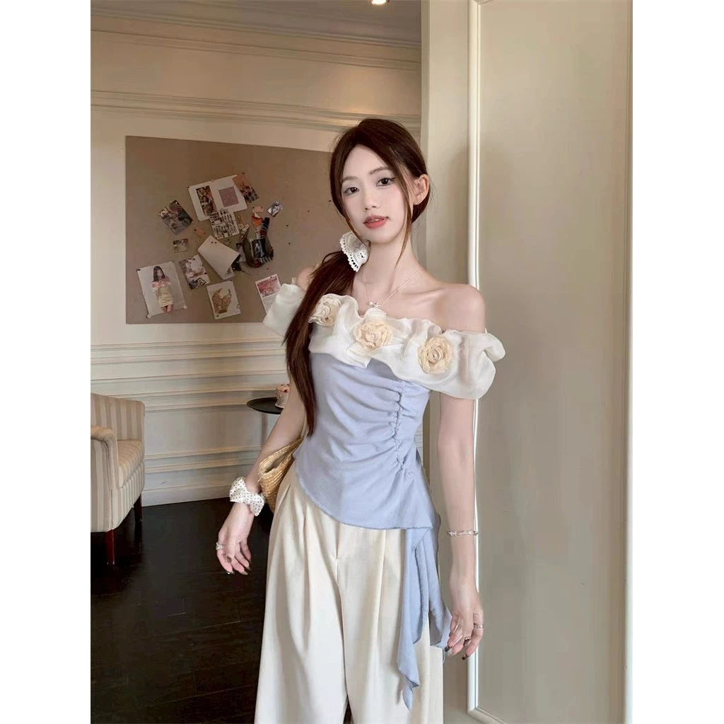 SuSu เสื้อคอเปิดบ่า แขนสั้น ลายดอกไม้ สีน้ำเงิน 56516 thumbnail 6