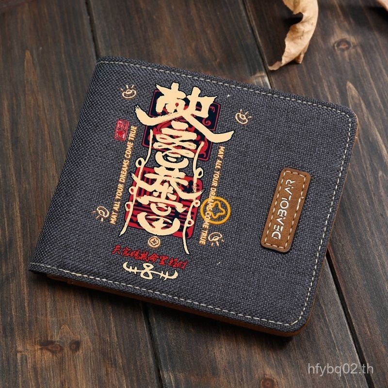 Bafanglaicai Canvas Wallet Short Card Holder National Trend Printing Niche Unเป็นที่นิยมสูงหล่อเยาวช