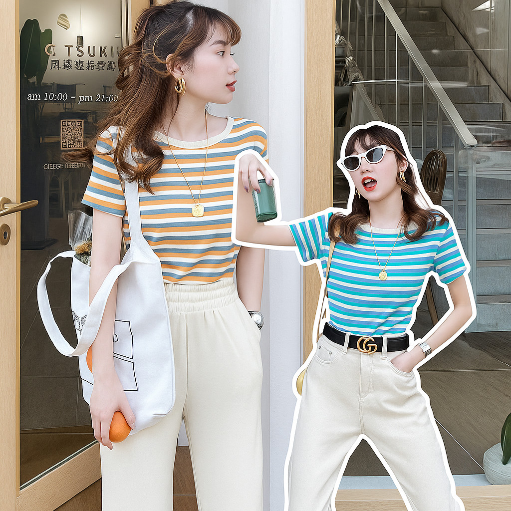 เสื้อยืดแขนสั้นลายทางสีรุ้งใหม่ฤดูร้อนปี 2025 สำหรับผู้หญิง คอกลม ดีไซน์เพรียวบาง เข้าทรงสวย โทนสีน่ารัก