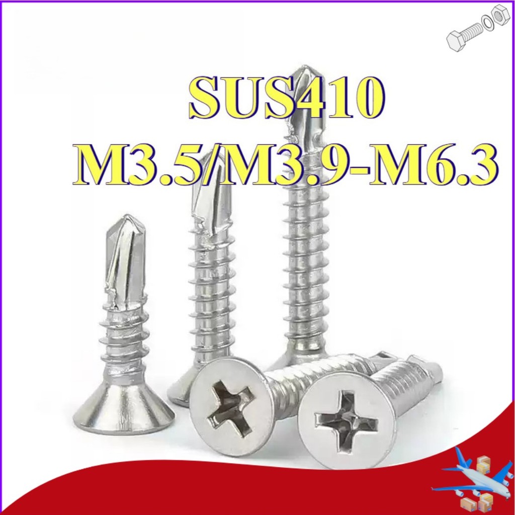 เบอร์  สกรูหัวเตเปอร์ ปลายสว่าน แฉก F+ สแตนเลส 410 M3.5 M3.9 M4.2 M4.8 M5.5 M6.3 / Flat Head Phillip