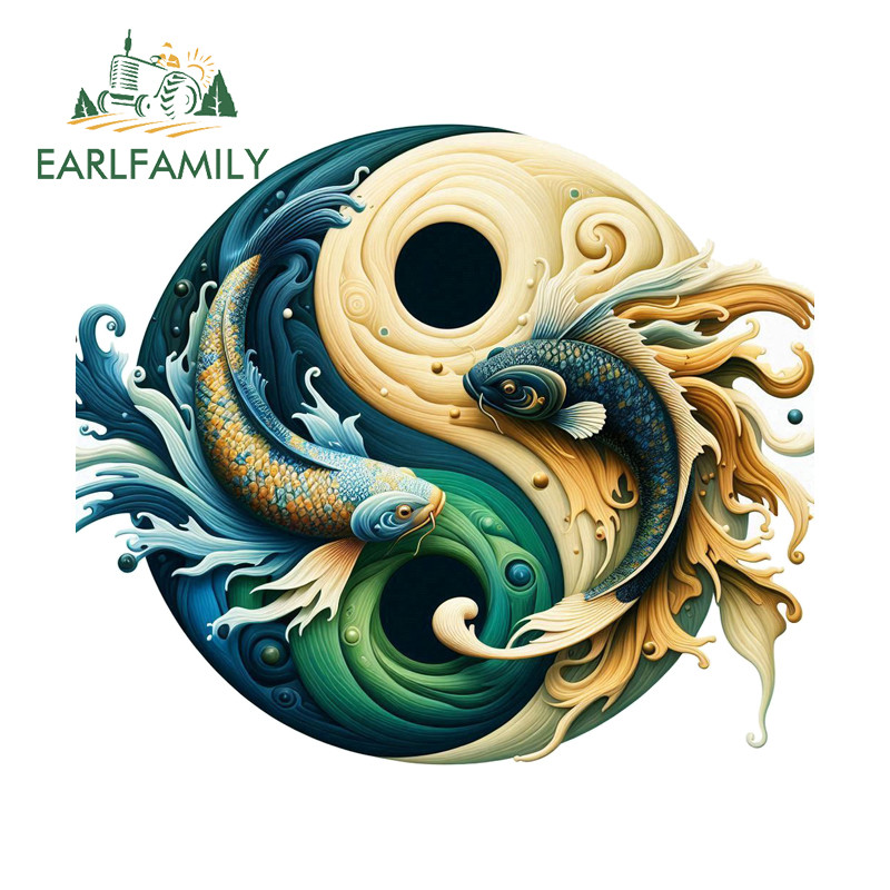 EARLFAMILY Yin Yang Koi ปลารถสติกเกอร์บุคลิกภาพกันน้ํา Campervan รถบรรทุกกระดานโต้คลื่นกันชนหมวกนิรภัย PVC Decal Occlusion Scratch จัดแต่งทรงผมรถ