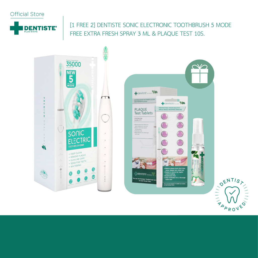 [1 Free 2] Dentiste Sonic Electronic Toothbrush 5 Mode รับฟรี! Extra Fresh Spray 3 ml, & Plaque Test
