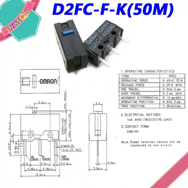 2 ชิ้นเมาส์ไมโครสวิตช์ D2FC-F-K(50M) ปุ่มเมาส์ Fretting D2FC