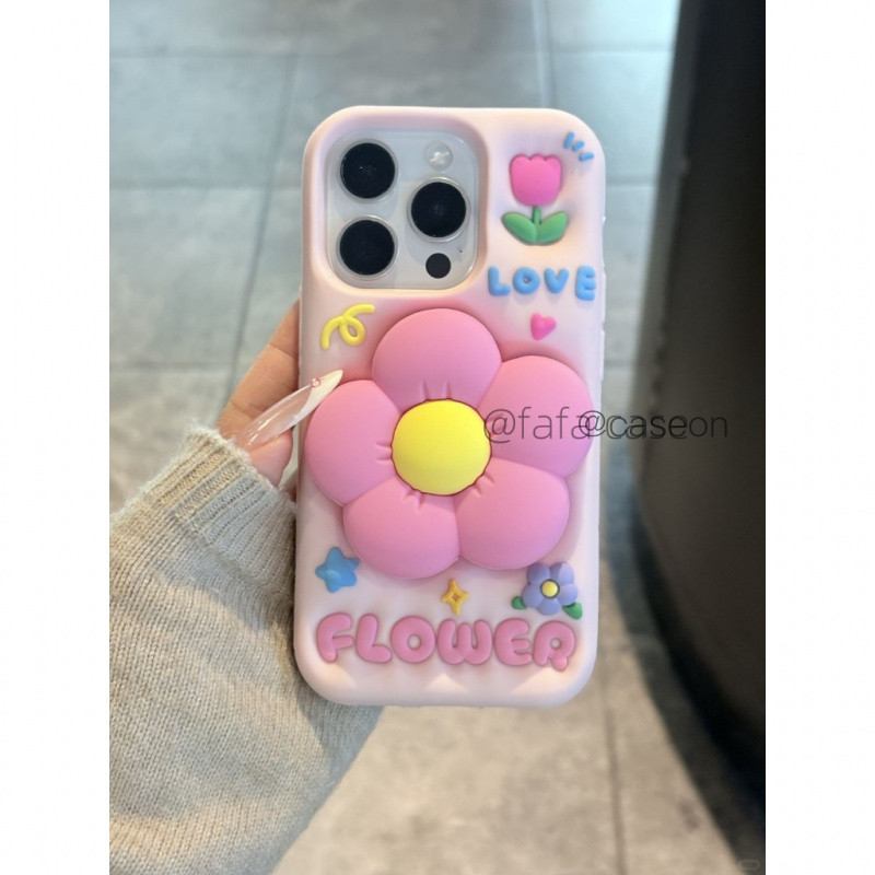 ขาตั้งซิลิโคนดอกไม้การ์ตูนน่ารักเคสโทรศัพท์สําหรับ IPhone 15 14 13 16 Pro Max 14pro 13pro 16pro 15pro 16promax ฝาครอบป้องกัน Hard Glitter Simple Clear