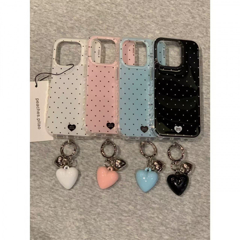สไตล์เกาหลี INS Polka Dot Heart จี้การ์ตูนแฟชั่นน่ารักเคสโทรศัพท์สําหรับ IPhone 15 14 13 16 Pro Max 14pro 16pro 15pro 16promax ฝาครอบป้องกัน Hard Glitter Simple Clear v0806