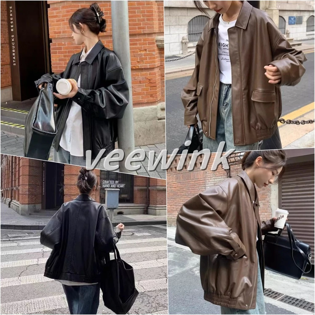 Veewink พร้อมส่งจากกทม เสื้อแจ็กเก็ตหนังสไตล์อเมริกัน ทรงหลวม แจ็กเก็ต แฟชั่นผู้หญิง ใส่สบาย ฮิปสเตอร์
