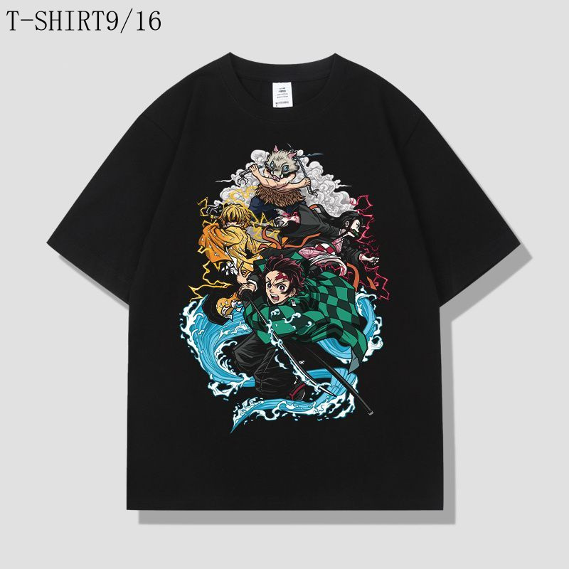 เสื้อยืดข้อต่อ Demon Slayer แบบแขนสั้นคอกลม ออกแบบจากอนิเมะ Tanjiro และ Nezuko เหมาะสำหรับใส่ในฤดูร้อน