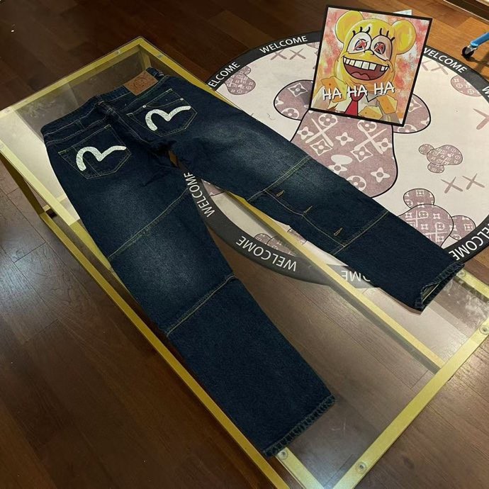 Fushen evisu 2025 Spring Street Wear Mens Pocket Frayed Irregular Print Casual Straight Jeans