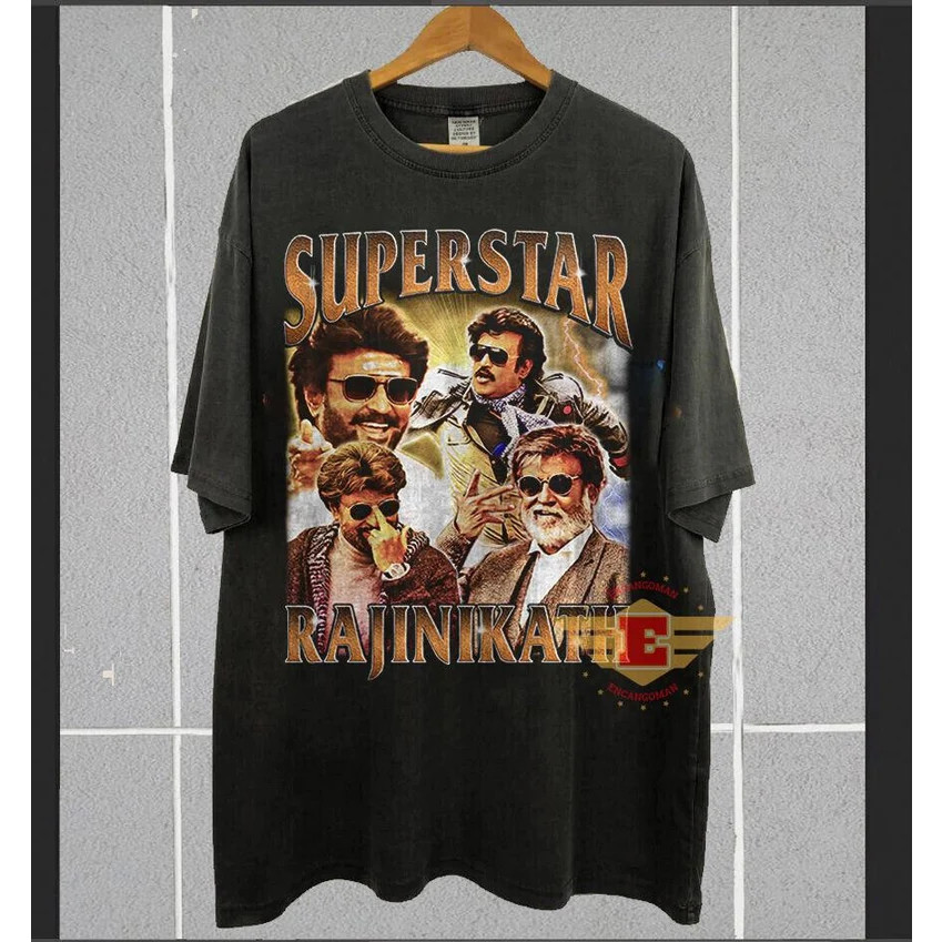 เสื้อยืดโอเวอร์ไซส์BAJU Super Star Tshirt COOLIE RAJINI ภาพยนตร์เสื้อยืดผู้ชายและผู้หญิง Unisex พิมพ