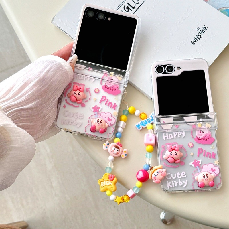 3D Happy Pink น่ารัก Kirby สร้อยข้อมือล้างบานพับกรณีพลิกสําหรับ Samsung Galaxy Z Flip 7 6 5 4 3 Flip