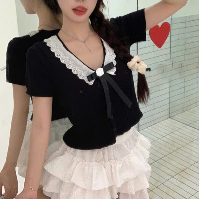 E1 ผู้หญิง V คอลูกไม้เสื้อยืดโบว์แขนสั้นถัก montoghi สไตล์ผู้หญิงตุ๊กตา L112 HL-27.2 e2