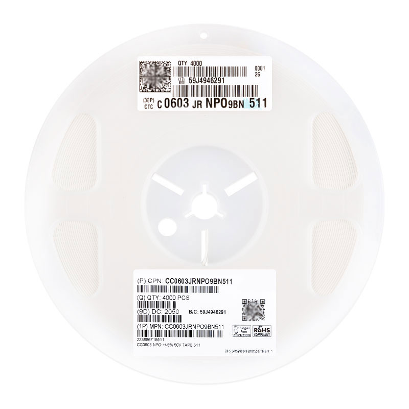 Original 0603 Patch Capacitor 510pF (511) ±5% 50V NP0 CC0603JRNPO9BN511