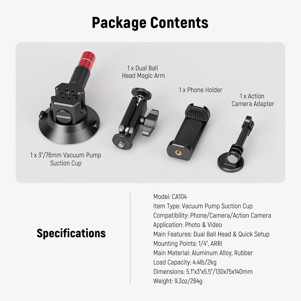 NEEWER CA104 3 "ถ้วยดูดกล้อง – Ball Head Magic Arm, 1/4" ARRI Holes, Quick Release Car Mount พร้อมที่วางโทรศัพท์/อะแดปเตอร์ Action Cam สําหรับ iPhone/GoPro/DJI/Insta360 thumbnail 8