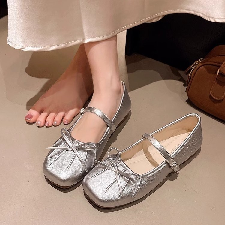 รองเท้าแมรี่เจนหัวเหลี่ยมสีเงิน รองเท้าแมรี่เจนโบว์แฟชั่นสำหรับผู้หญิง สวมใส่สบายและไม่ลื่น - รูปที่ 2