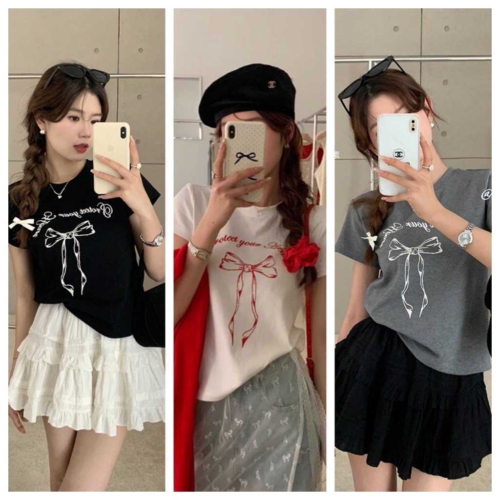 Bella Shop  เสื้อยืดลําลองคอกลมพิมพ์ลายโบว์สไตล์เกาหลี ins