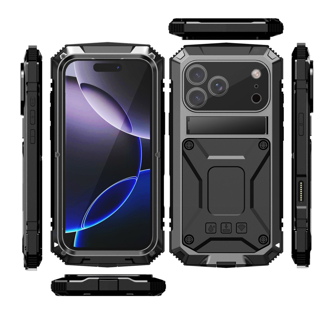 Heavy Duty Armorโลหะเคสโทรศัพท์สําหรับiPhone 17 Pro Max 17 AirกระจกนิรภัยAnti-FallกันชนกันกระแทกProtectorขาตั้งฝาครอบ