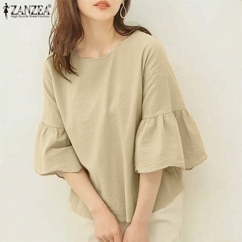 ZANZEA ซานเซีย เสื้อลำลองสำหรับผู้หญิง สไตล์เกาหลี แขนระฆัง รอบคอ 3/4 ลายสีทึบ ทรงหลวมใส่สบาย — صورة 6