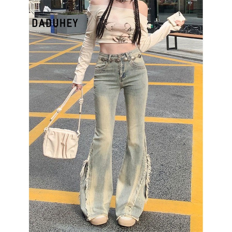 DaDuHey Flared Jeans Women's American Retro High Waist Raw Hem Stitching Design Sense Slimming Trousers | 1968