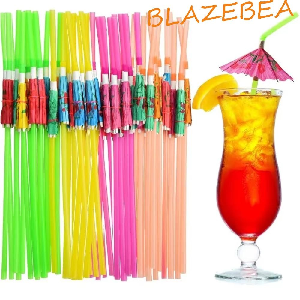 บลาซบี 100ชิ้นร่มฟาง,ทิ้งผสมสีฮาวายพรรคเครื่องดื่มหลอด,ครัวเรือนพลาสติกร่มกันแดดหลอดดื่มฤดูร้อน