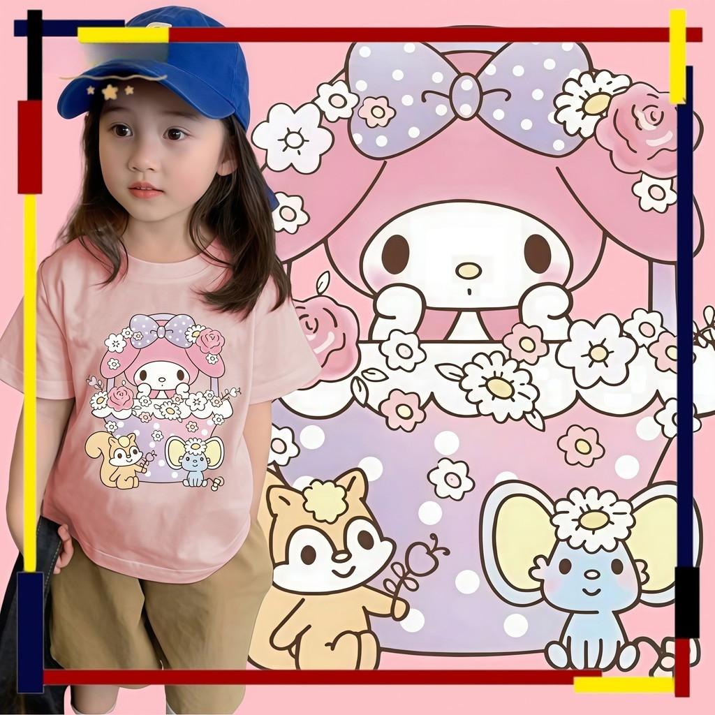 220G เสื้อยืดผ้าฝ้าย 100%dDU คอรอบแบรนด์ใหม่น่ารัก Melody และเพื่อนพิมพ์สําหรับสาวผ้าฝ้ายเสื้อ