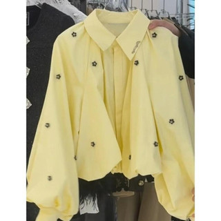 CHICMORE Atasan Kemeja Wanita Pendek Warna Kuning Bunga Bordir Lengan Puff Gaya Retro | Kemeja Bordir Bunga Elegan | Atasan Wanita Oversize Trendy | Baju Casual Sehari-hari | Original By CHICMORE | Lengan Puff Stylish | Baju Wanita Retro 2025