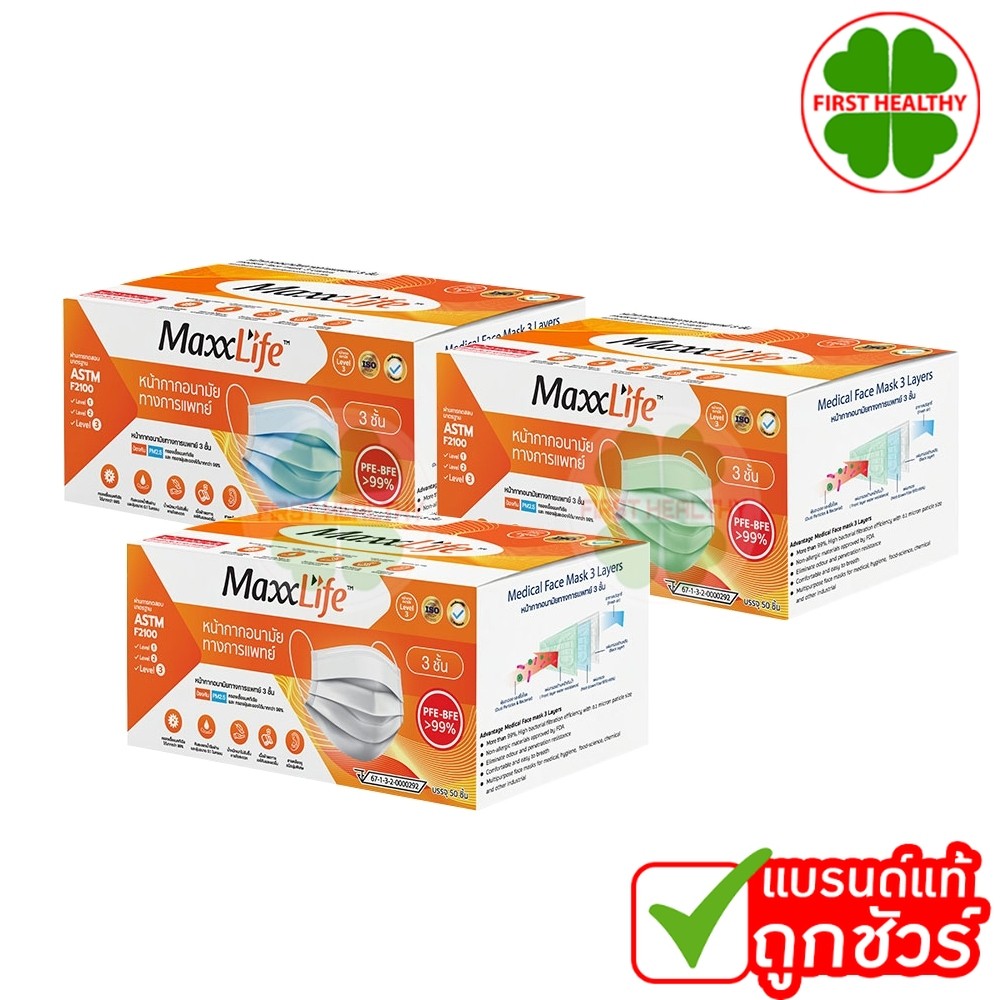 Maxxlife Mask หน้ากากอนามัย ทางการแพทย์ 3 ชั้น (1 กล่อง 50 ชิ้น)