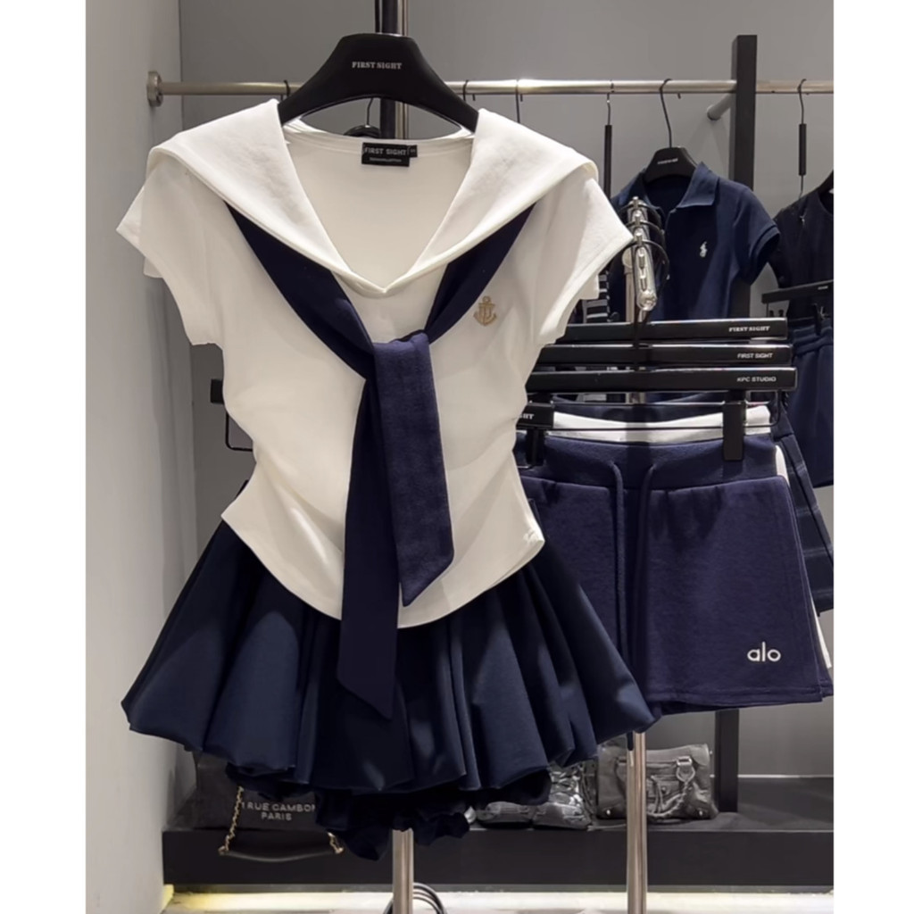 มินิเดรสotd setชุดเซ็ทสวยๆ ฤดูใบไม้ร่วงคอวีลุคคุณหนูน่ารักสไตล์เกาหลีกระชับเอวคอระบายลผูกเชือก