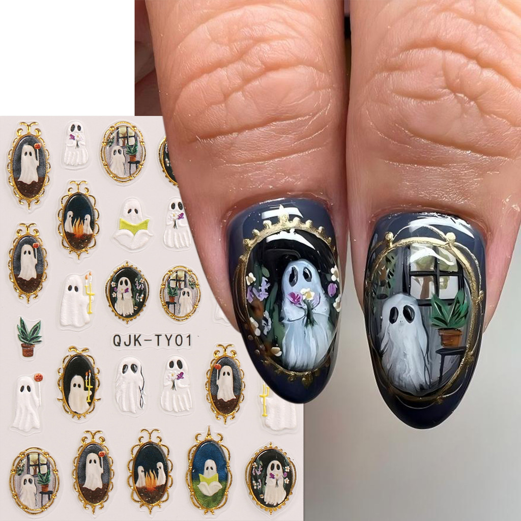 HAMA NAIL 5D นูนเล็บสติกเกอร์ขายส่งน่ารักการ์ตูนฮาโลวีนประณีต Little Ghost ฟักทองภาษาฝรั่งเศสคําตกแต่งเล็บทองนูนสติกเกอร์น้ํามัน Decals Holiday เล็บ