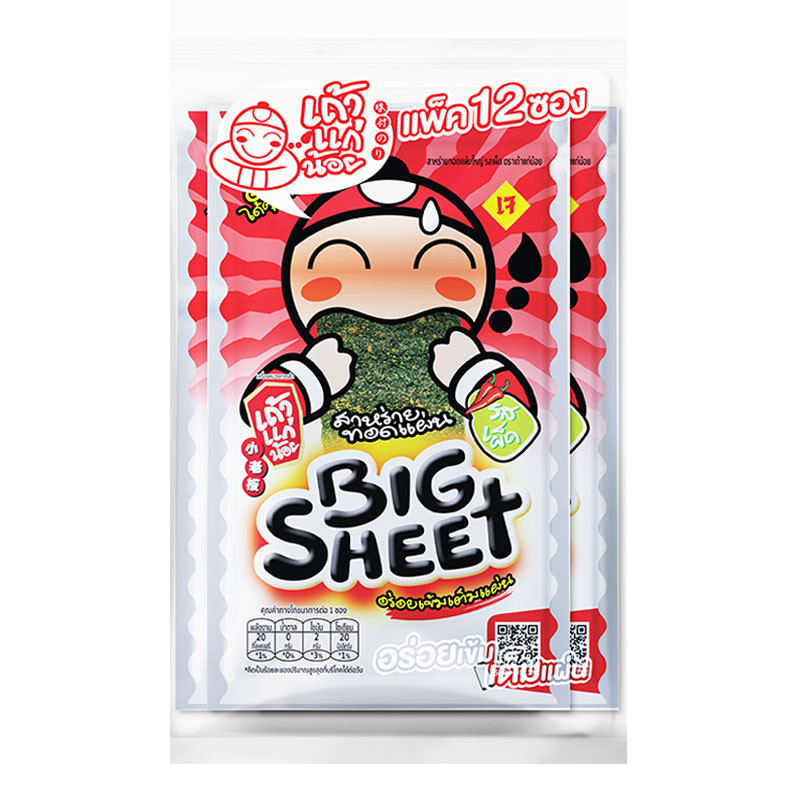 เถ้าแก่น้อย บิ๊กชีท สาหร่ายทอดแผ่น รสเผ็ด 3.2 ก. x 12 (TAOKAENOI Big Sheet Seaweed Spicy 3.2 g x 12)