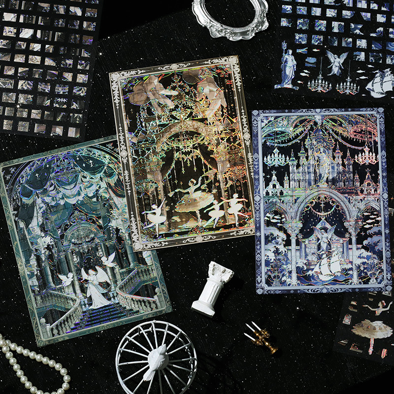 WEI 3 ชิ้น [Gilded Tribute Series] สติกเกอร์ภูมิทัศน์ขนาดใหญ่พิเศษ Silent Theater Lost Cathedral Void บันไดสมุดภาพ Journal Planner Decor