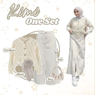 Kimi One Set ( Cardigan Rajut Crop + Rok Span Cargo + Bela Square ) Outfit Remaja Korean Style Hijab