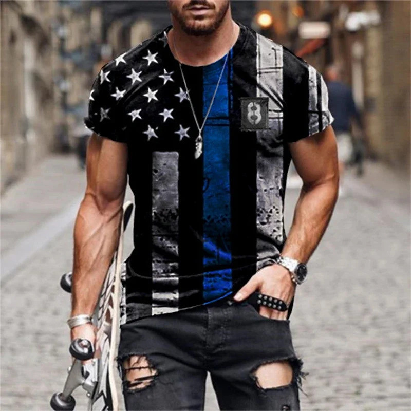 Mens Vintage Thin Blue Line American Flag พิมพ์แขนสั้นเสื้อยืด Casual O-คอ Tee สําหรับทุกวัน Streetw