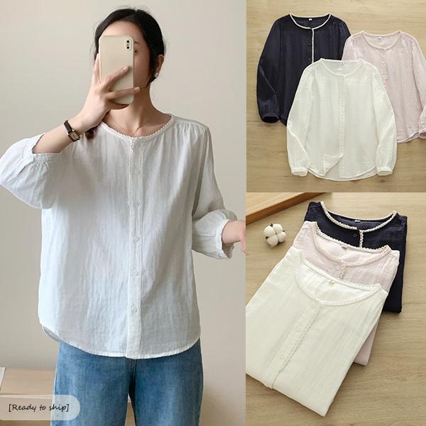 mimi&didi เสื้อแขนยาวสามส่วนคอกลมสีดำสำหรับผู้หญิง ตกแต่งด้วยลูกไม้ ทรงพระจันทร์เสี้ยว แขนโคมไฟ เสื้อกันแดด-W747