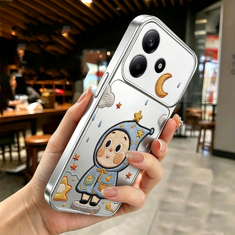 สําหรับ REDMI NOTE 14 4G NOTE 14 PRO 5G เคสโทรศัพท์ Softcase ซิลิโคนกันกระแทกออกแบบใหม่ความงามโลหะเงินน่ารักการ์ตูนปัก starman สําหรับสาว DSCXX1