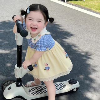 เด็กฤดูร้อนชุดลูกไม้ตุ๊กตาปกสีฟ้าสดลายสก๊อตแขนสั้นชุดเจ้าหญิงเด็กสาวชุด
